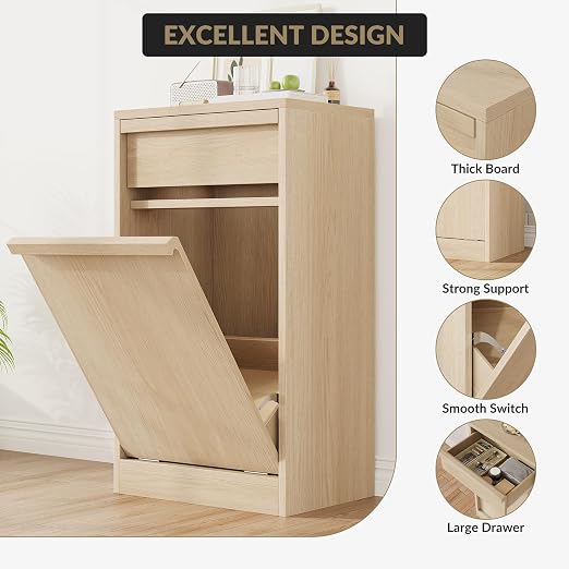 Tilt Out Trash Cabinet, Natural Wood Hidden Garbage Can Cabinet - Image 4