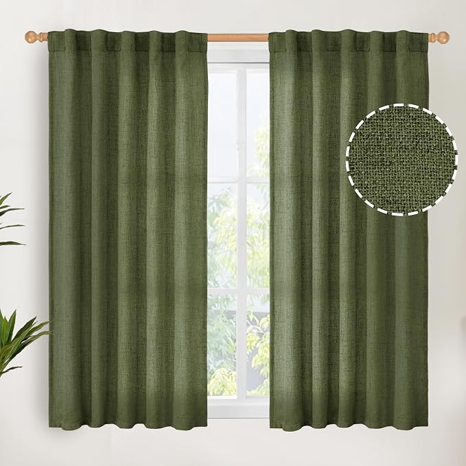 YoungsTex Olive Green Linen Curtains 45 Inch Length, Short Window Drapes Light by YoungsTex