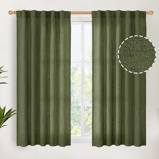 YoungsTex Olive Green Linen Curtains 45 Inch Length, Short Window Drapes Light by YoungsTex