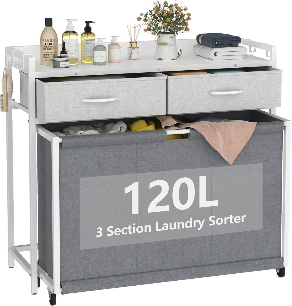 Laundry Hamper Laundry Basket with 3 Section Pull-Out Rolling Bags, Laundry S...
