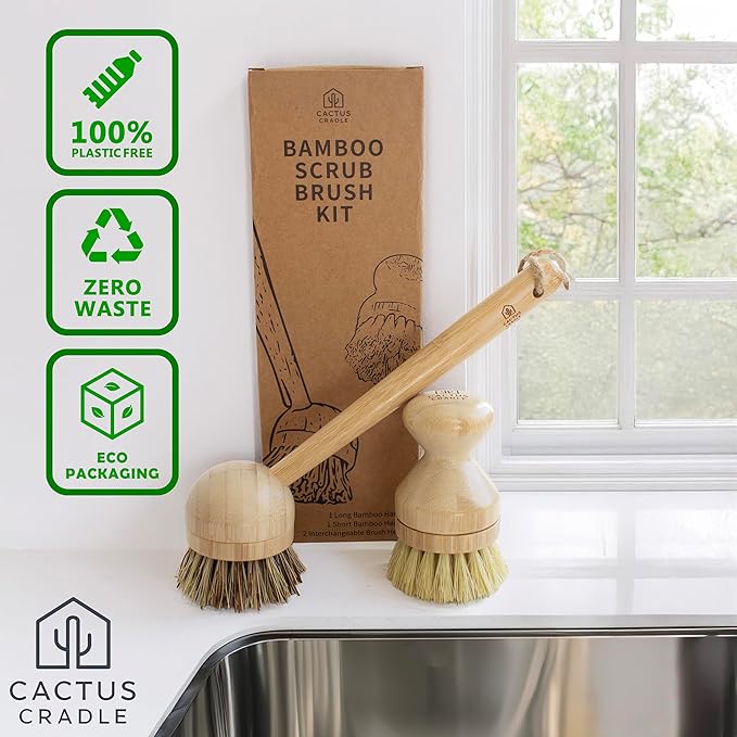 Cactus Cradle Bamboo Scrub Brush Kit – 4-Piece Dish Brush Set - Image 3