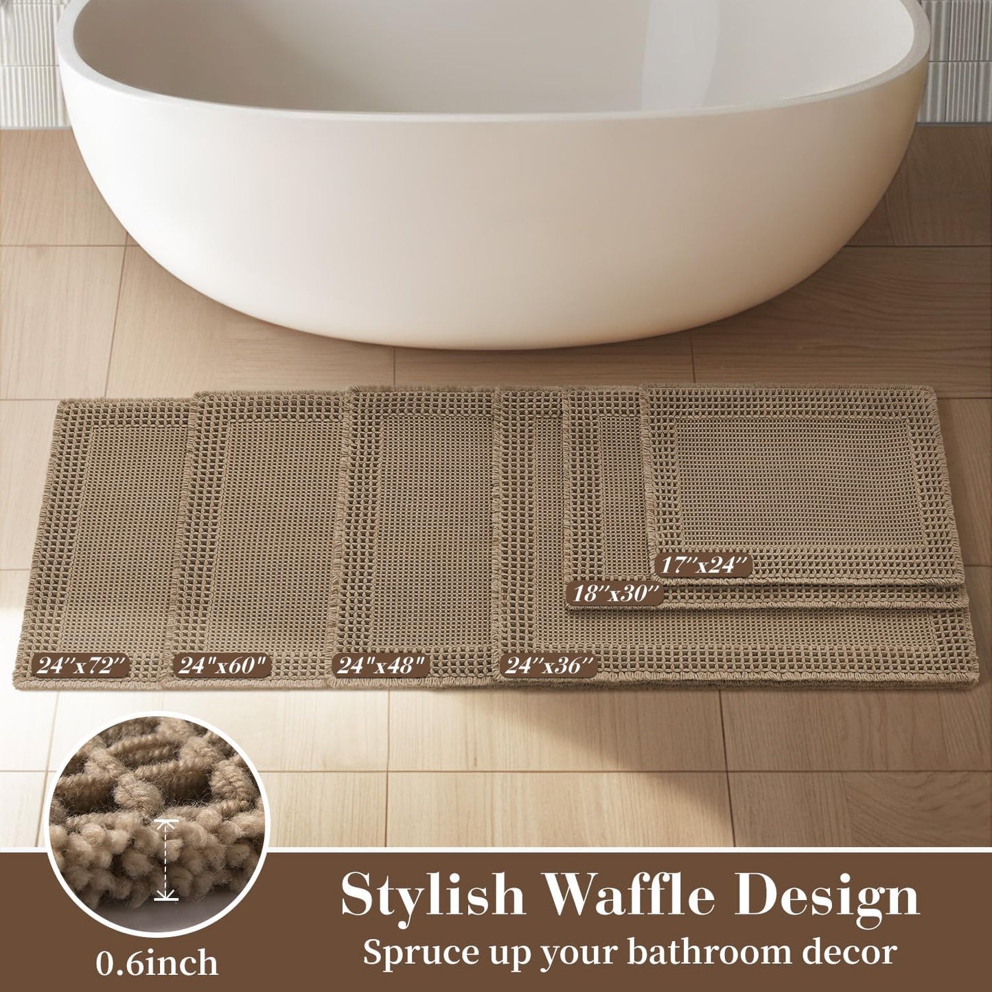RESARE Waffle Bathroom Runner Rugs, Super Absorbent Bath Mat Non Slip Washable Quick Dry, Upgraded Ultra Soft Boho Bath Rugs with Tassels, Farmhouse Home Decor Accessories, 2'x6'(24"x72") Brown