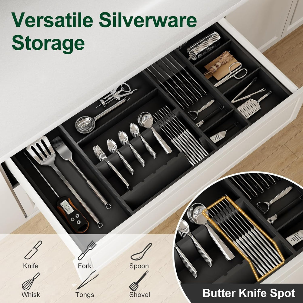 Bamboo Silverware Drawer Organizer, 17.72-29.53 Inch Expandable Large Kitchen...