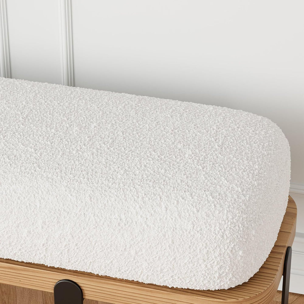 homary Entryway Bench, Modern Wooden Boucle Upholstered Bench with Abstract M...