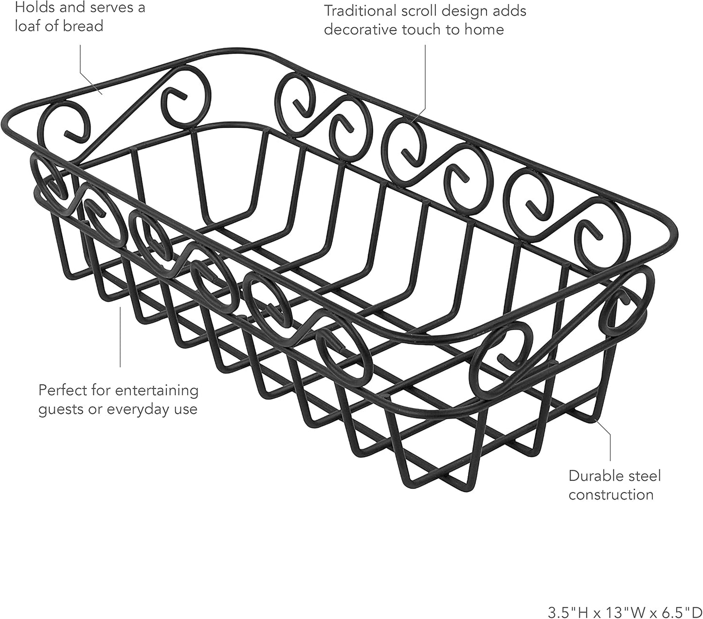 Spectrum Scroll Wire Bread Basket for Serving Breads Rolls Buns Snacks & Baked Foods, Decorative Metal Wire Dinner Roll Table Basket Kitchen Counter Organizer, Black
