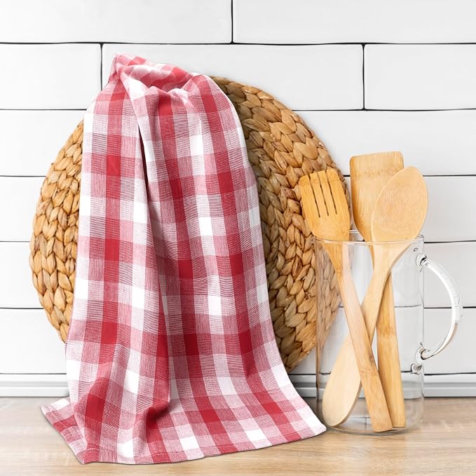 Christmas Kitchen Towels Set of 6 Red/White Checks, Reusable Cotton 20X30 - Image 3