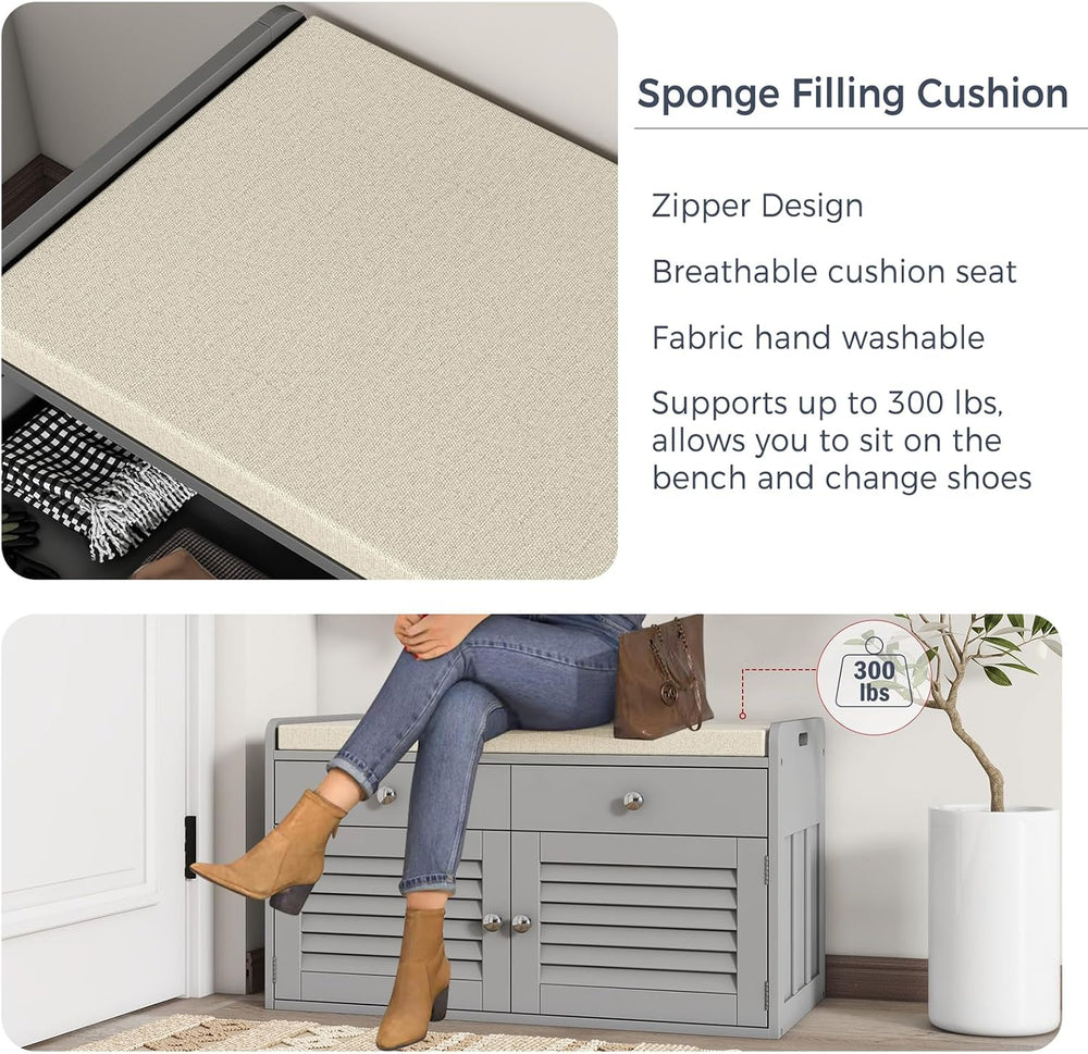 WARMHONIU Shoe Storage Bench with 2 Drawers Storage & Cushioned Seats