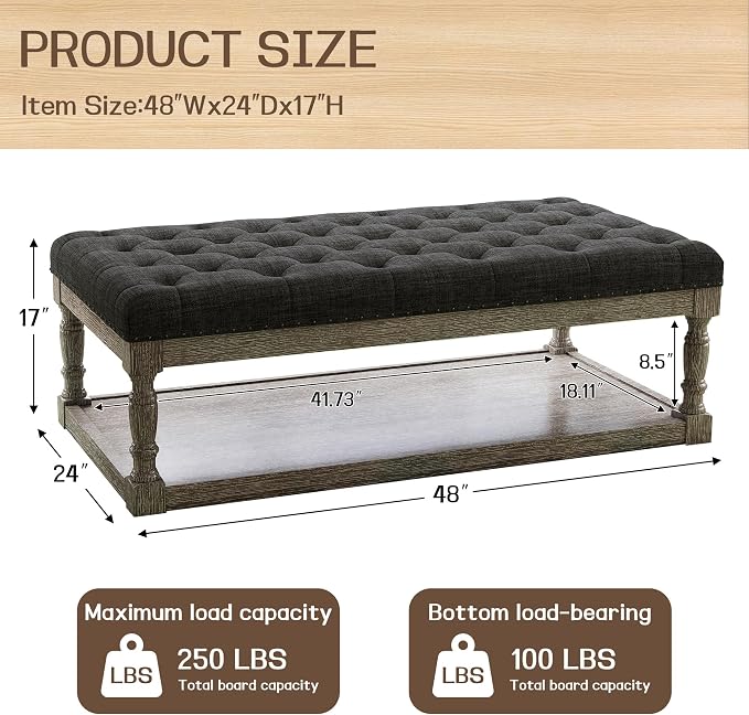 48" Large Ottoman with Storage Coffee Table, Upholstered Tufted Linen Ottoman - Image 2