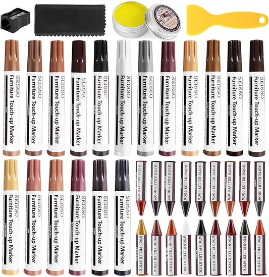 SEISSO Furniture Repair Kit, 18 Colors Touch Up Markers and Wood Filler Sticks by SEISSO