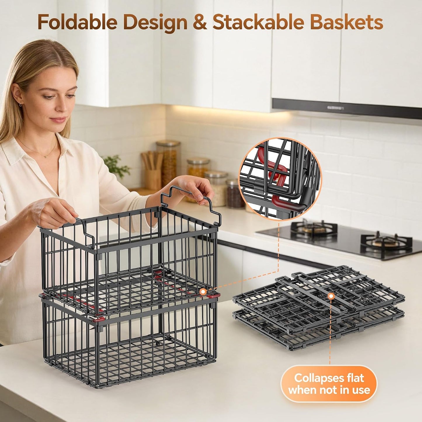 Freezer Organizer Bins, 3 Pack Enlarged Baskets for 5-9 Cu.FT Deep Freezer | Stackable Chest Freezer Organizer Bins, Foldable with Handles, Black Storage Container Baskets for Sort Frozen Meats