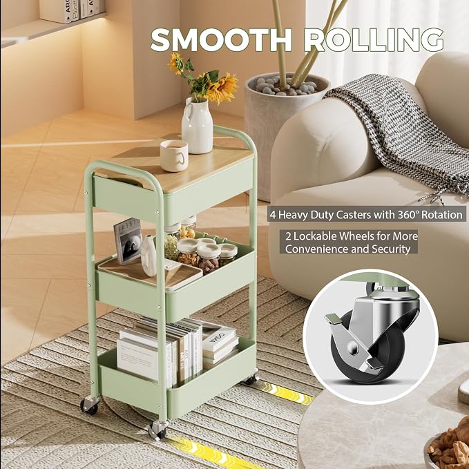 3 Tier Rolling Cart with Table top, Metal Rolling Utility Cart, Sturdy Storage - Image 5