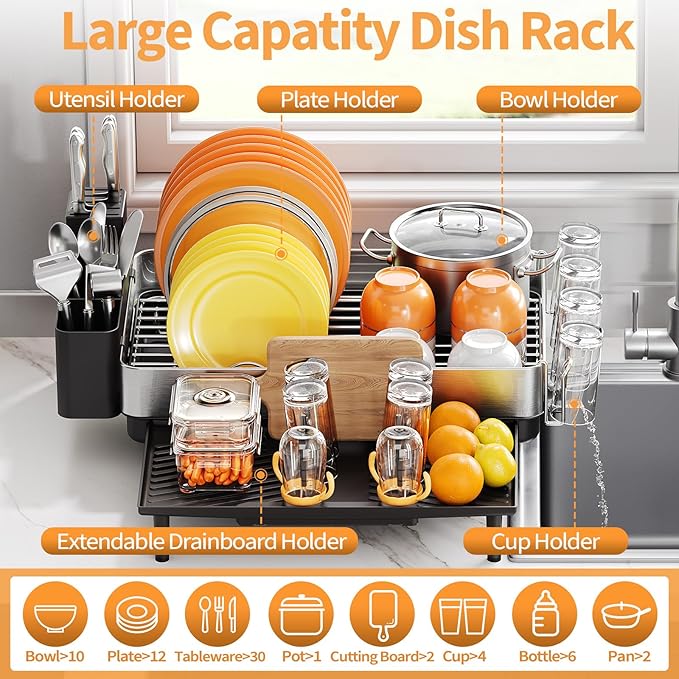 Expandable Dish Drying Rack for Kitchen Counter, 304 Stainless Steel Dish Rack - Image 5