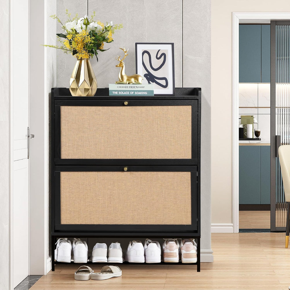 LEVNARY Shoe Storage Cabinet with 2 Flip Drawers, Wooden Narrow Shoe Cabinet ...