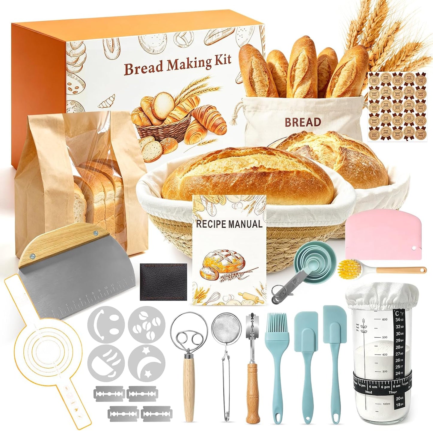 Sourdough Bread Baking Kit, Supplies with Round & Bread Proofing Basket, Starter Jar, Dough Whisk, Bread Lame, Dough Scraper, Storage Bag & Recipe Guide, Practical Baking for Home Baking Lovers