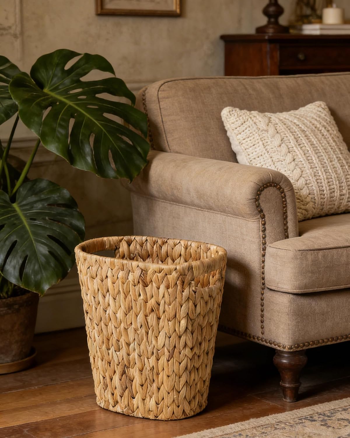 2-Pack Slim Water Hyacinth Trash Can Wicker Waste Basket with Handles | Handwoven water hyacinth over an iron frame with wood handles. Slim oval shape fits bathrooms & offices. Rustic boho decor