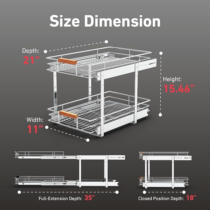 Pull Out Cabinet Organizer, 2 Tier Wire Basket Slide Out Shelf Storage - Image 4