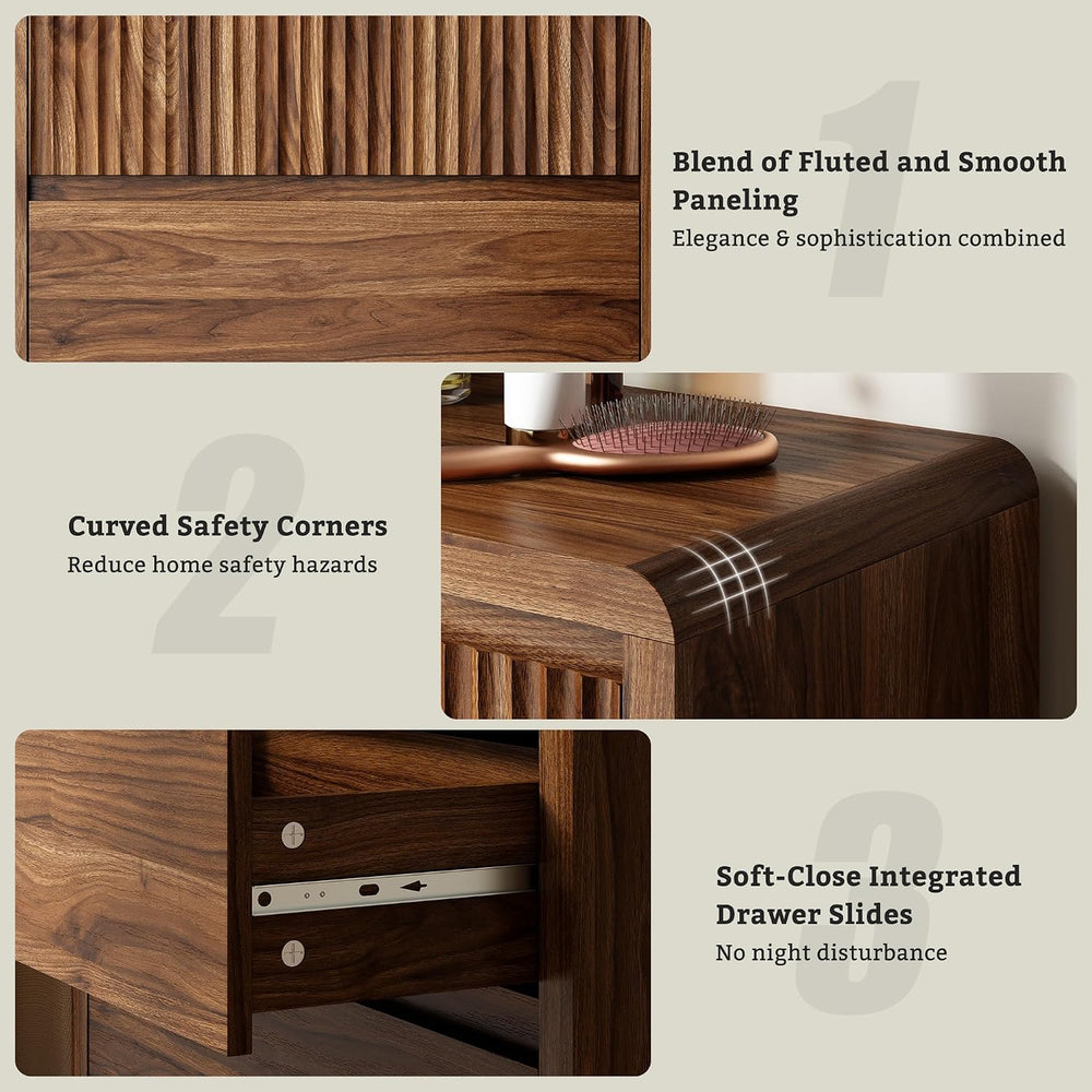 LYNSOM Walnut Fluted 5 Drawer Dresser for Bedroom, Curved Edge, 48" Tall