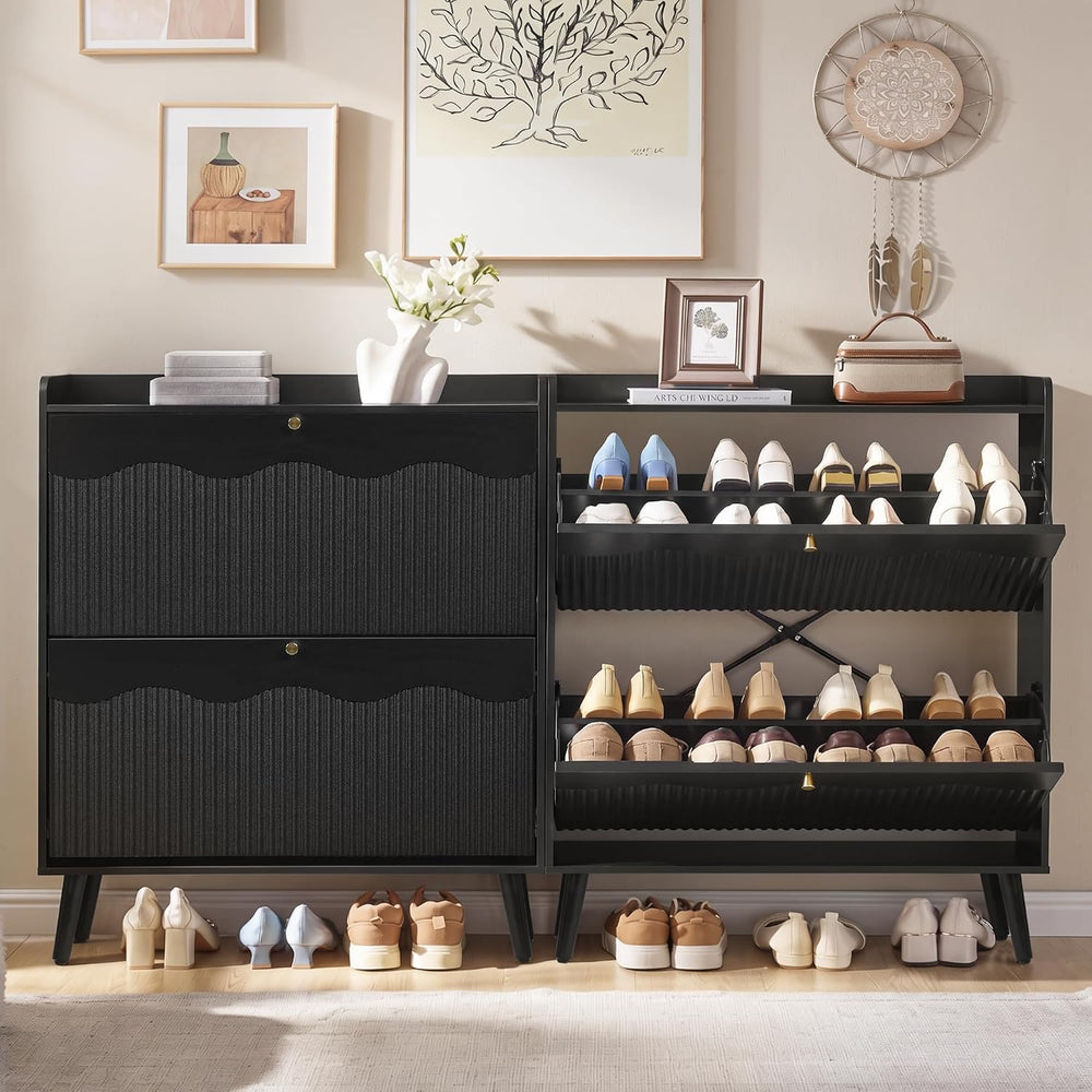 BERRYMERRY 31.5” Black Fluted Shoe Cabinet Storage with 2 Flip Drawers