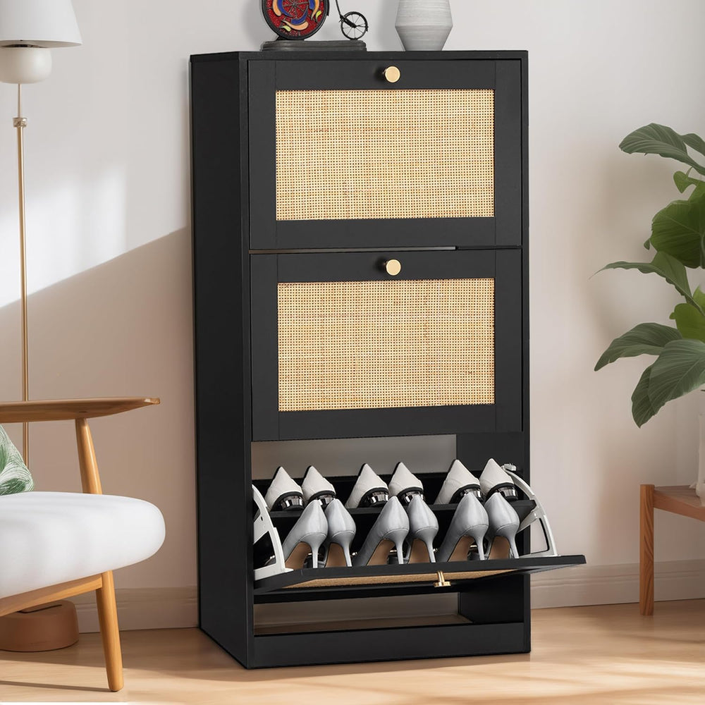Finnhomy 3 Tier Shoe Cabinet with Natural Rattan Flip Drawers for Entryway, F...