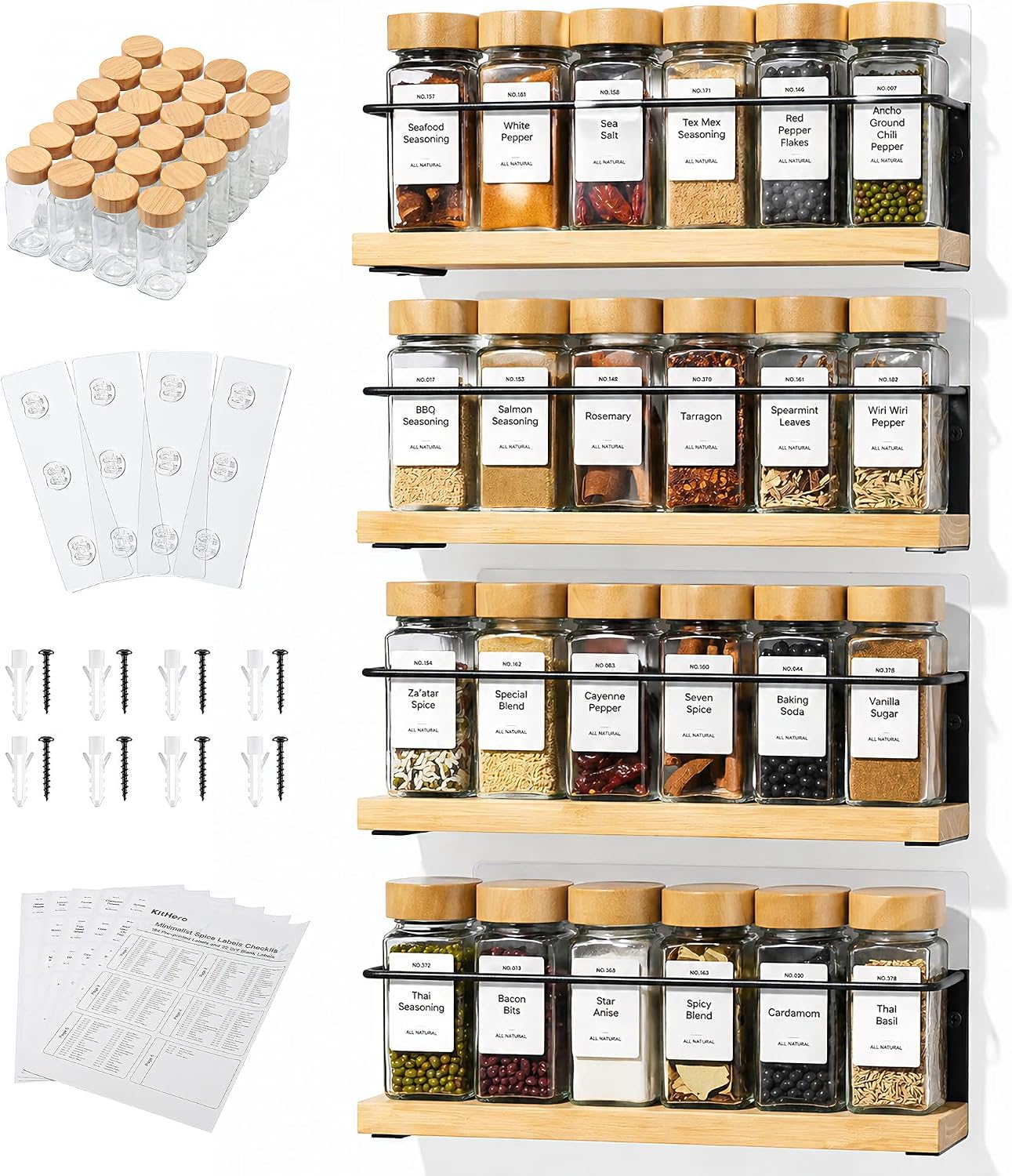 4-Tier Wall Mount Spice Rack Organizer with 24 Glass Jars, 216 Labels & Funnel - Screw/Adhesive Mount, Black Metal & Bamboo Spice Storage for Kitchen Pantry Cabinet, 11.6”W x 2.4”D x 3.2”H