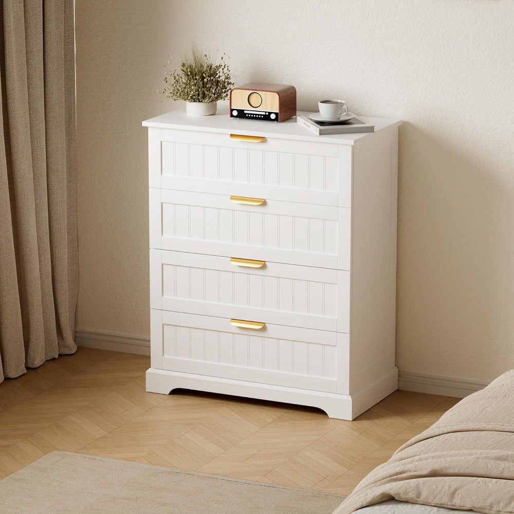 4 Drawer Dresser for Bedroom, Modern Farmhouse Wood Chest of Drawers with Met...