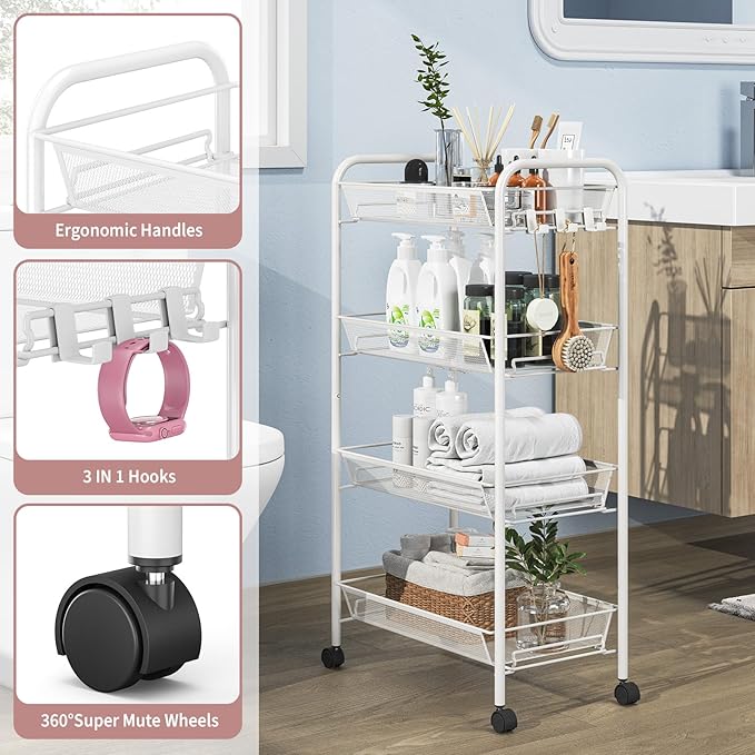 TOOLF 4-Tier Rolling Cart, Metal Utility Cart - Image 3