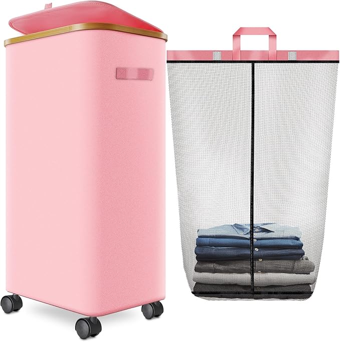 Laundry Hamper with Wheels, 29 Gal Laundry Basket with lid Rolling Clothes by Wuevu