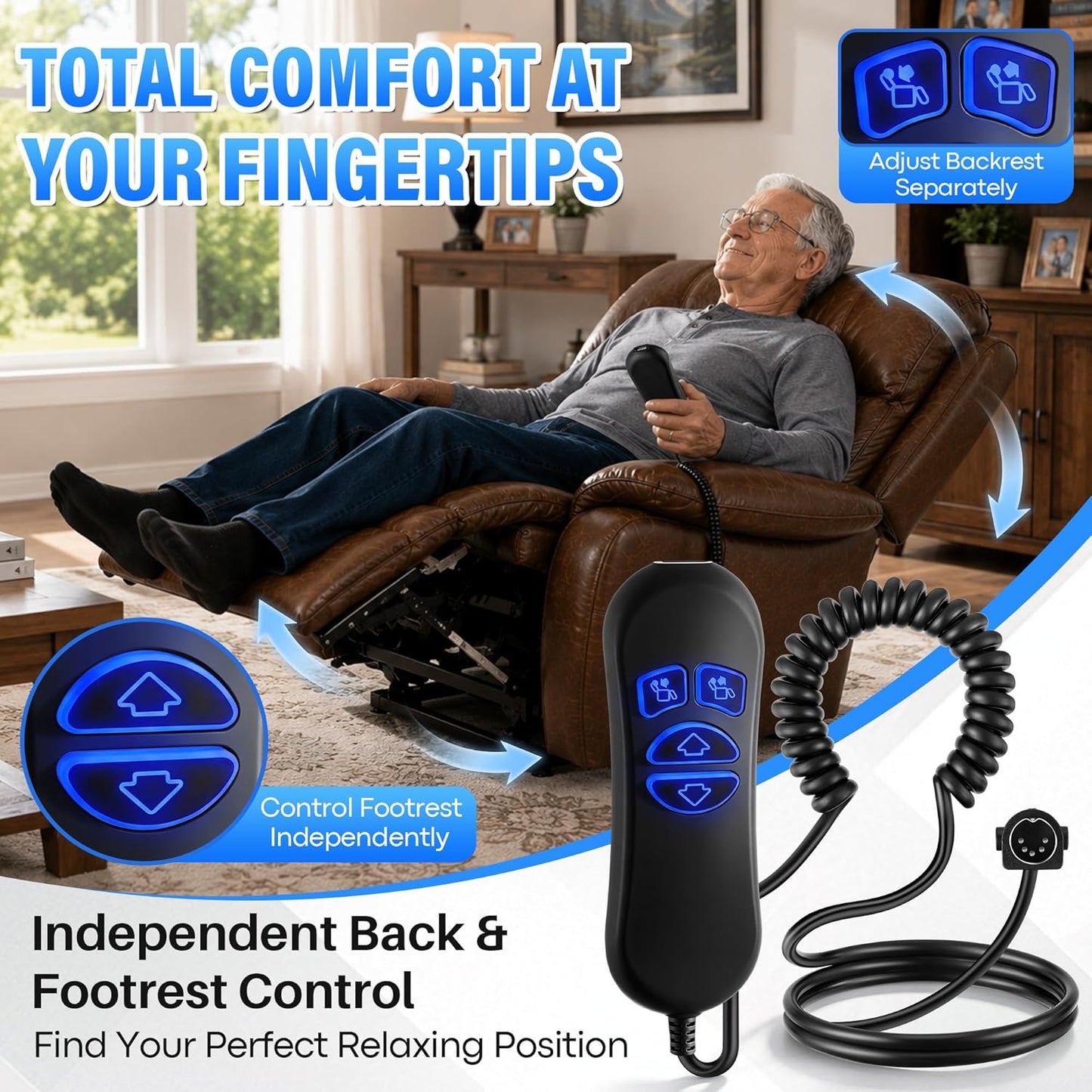 Lift Chair Remote Replacement, 4 Button 5 Pin Prong Power Motor Remote for Lift Chair & Recliner Replacement Parts, with LED Backlight, USB Charging Port, Recliner Hand Control
