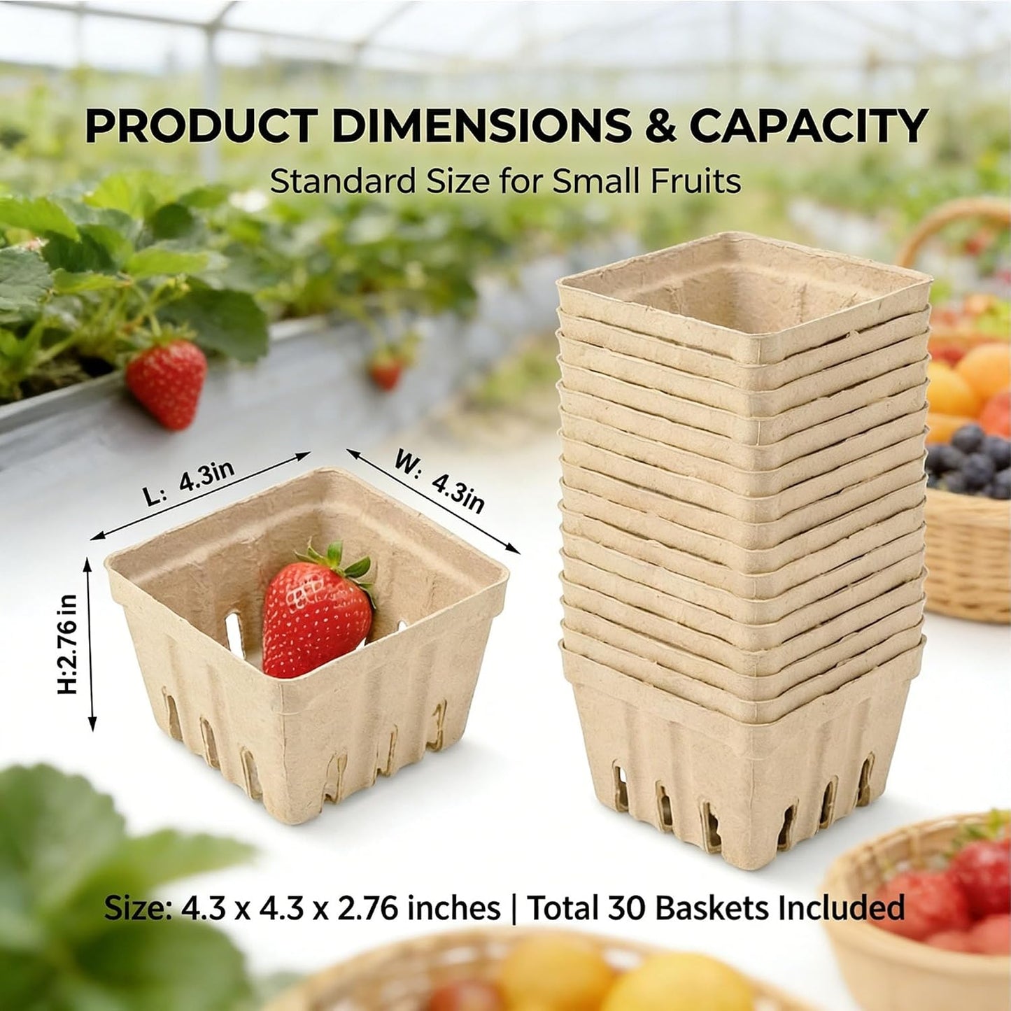 30 Pack Natural Pulp Fiber Berry Basket,Small Molded Produce Vented Basket | Kitchen Supplies for Strawberry Blueberry Raspberry, Fruit Tray for Fruit Vegetable Farmer Market Grocery