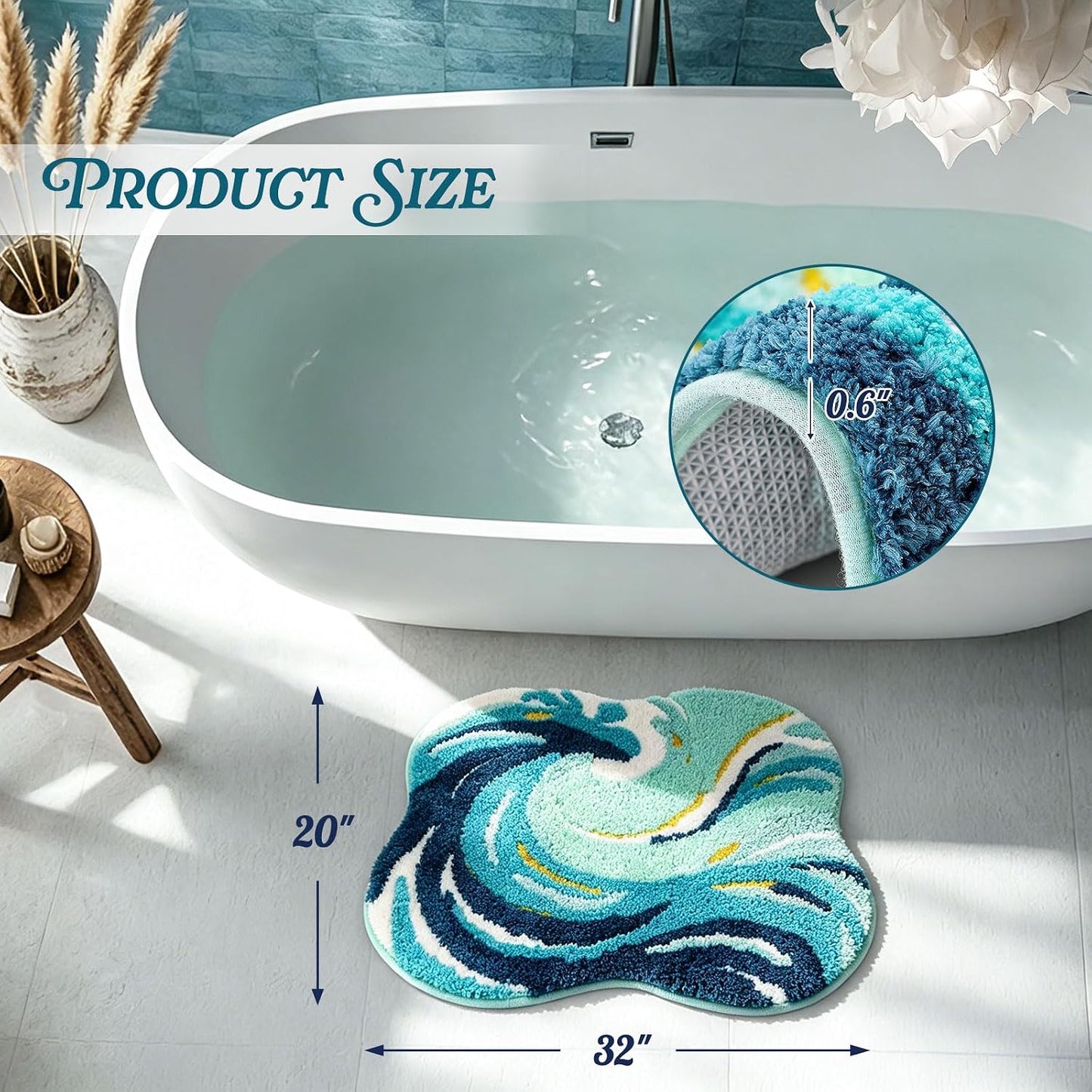 Percozzi Ocean Wave Bath Rug 32 x 20 Inch, Coastal Tufted Bathroom Mat with Non-Slip TPR Backing, Soft Plush Absorbent Machine Washable Bath Rug, Beach House Ocean Decor Rug for Bathroom Bedroom