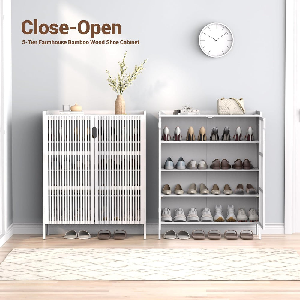 Shoe Cabinet, 20 Pair Farmhouse Shoe Organizer Cabinet, Freestanding Bamboo W...