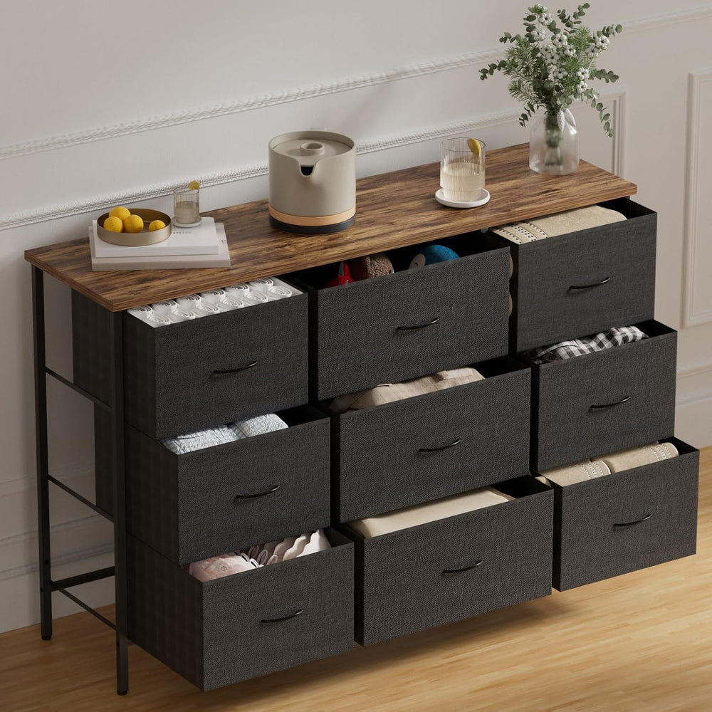 VASICAR Wide TV Stand for Bedroom, Black Dresser with 9 Deep Drawers