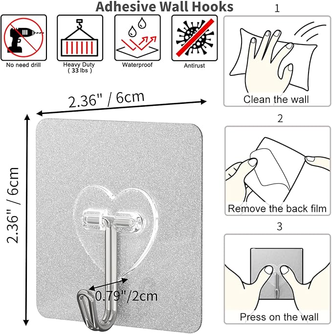 DGYB 20 Pcs Adhesive Hooks for Hanging 22lb Self Adhesive Wall Hooks Heavy Duty - Image 6