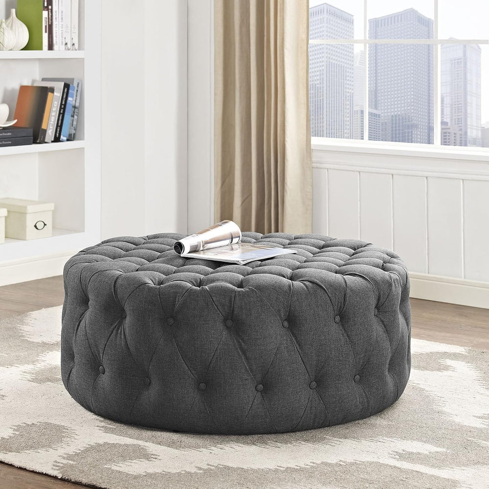 ModwayEEI-2225-GRYAmourFabric Upholstered Button-Tufted RoundOttomanGray