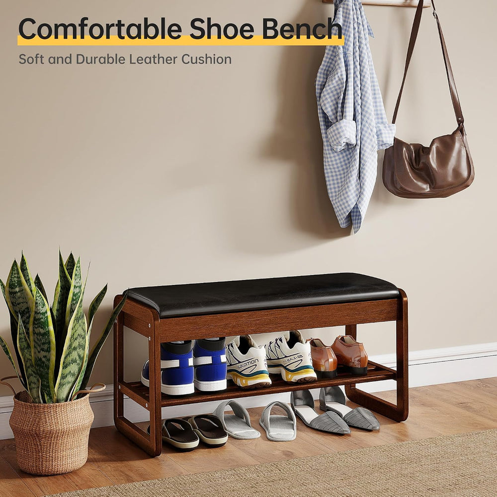 Shoe Rack Bench with Flip-Top Storage, Solid Rubberwood 2-Tier Shoe Organizer...