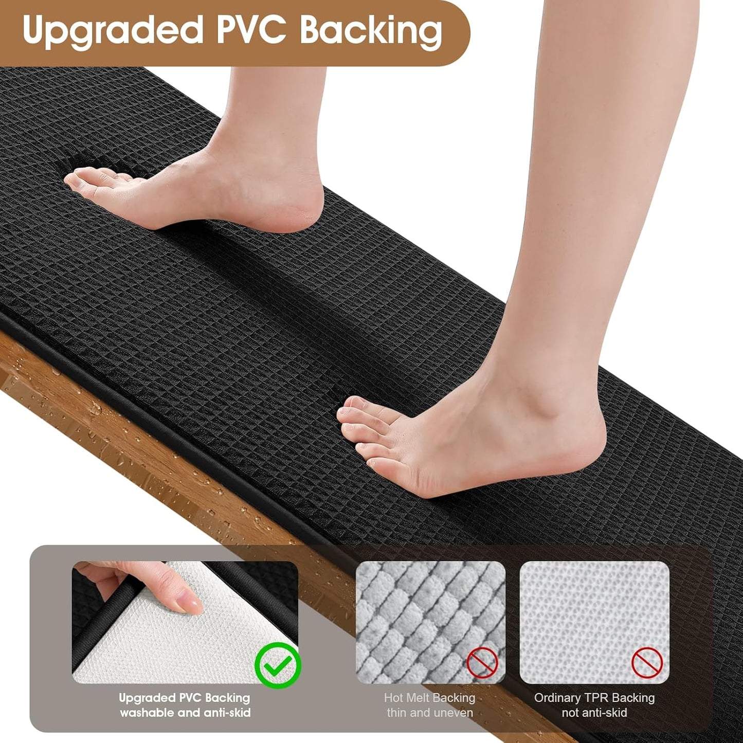 ACCUMTEK Memory Foam Bath Mat, Ultra Soft Absorbent Waffle Bathroom Rugs, Super Non-Slip PVC Backing Bath Rug Quick Dry, Machine Washable Rug for Tub, Shower, Home Decor Accessory, 24" x 17", Black