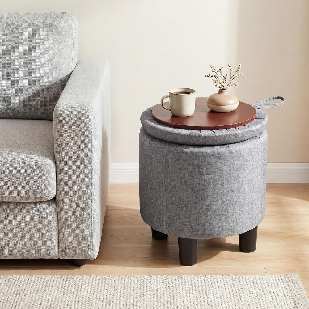 GIANTEX Linen Fabric Round Storage Ottoman with Removable Lid, Gray