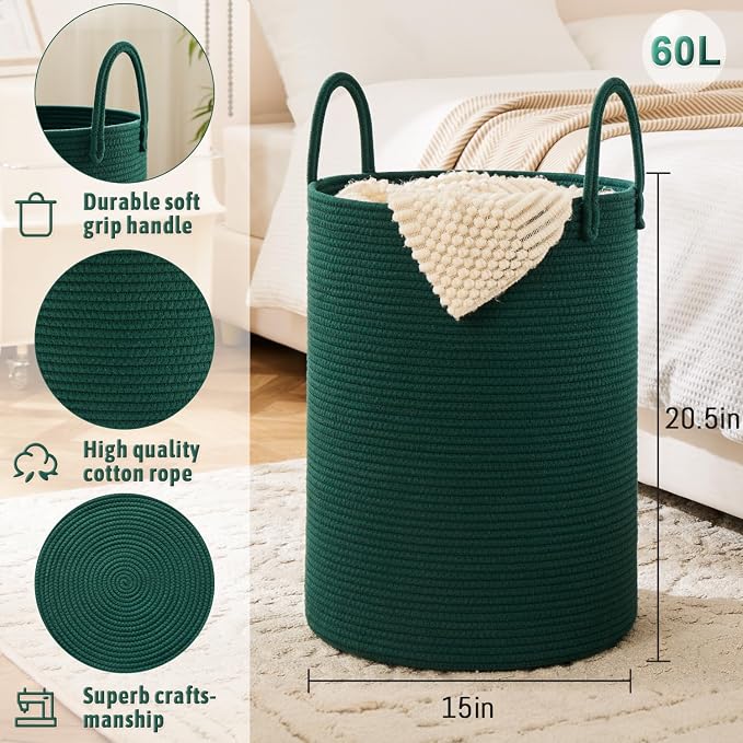 Laundry Basket, Woven Cotton Rope Laundry Hamper, 60L - Image 6