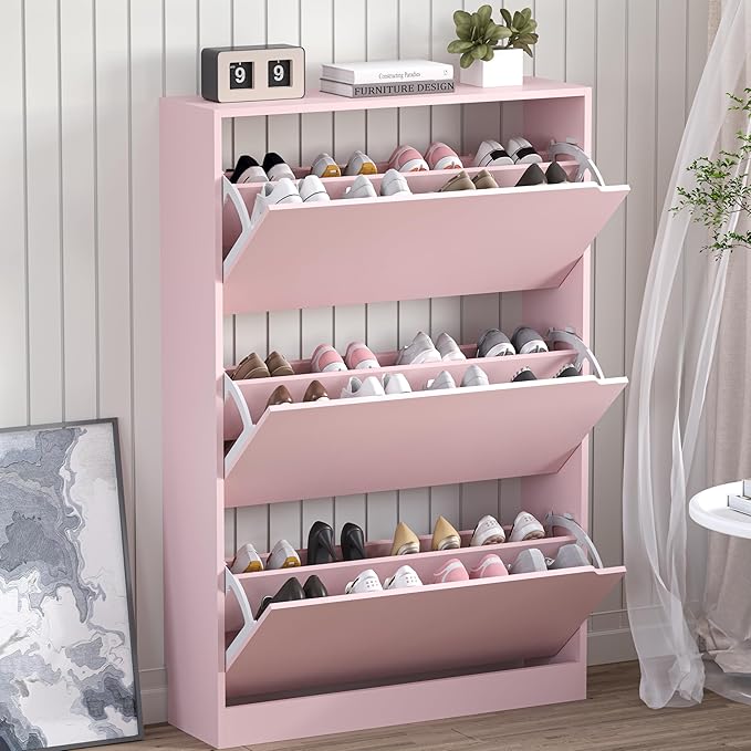 Shoe Cabinet with 3 Flip Drawers, Hidden Wood Shoe Cabinet, Freestanding Shoe by BORNOON