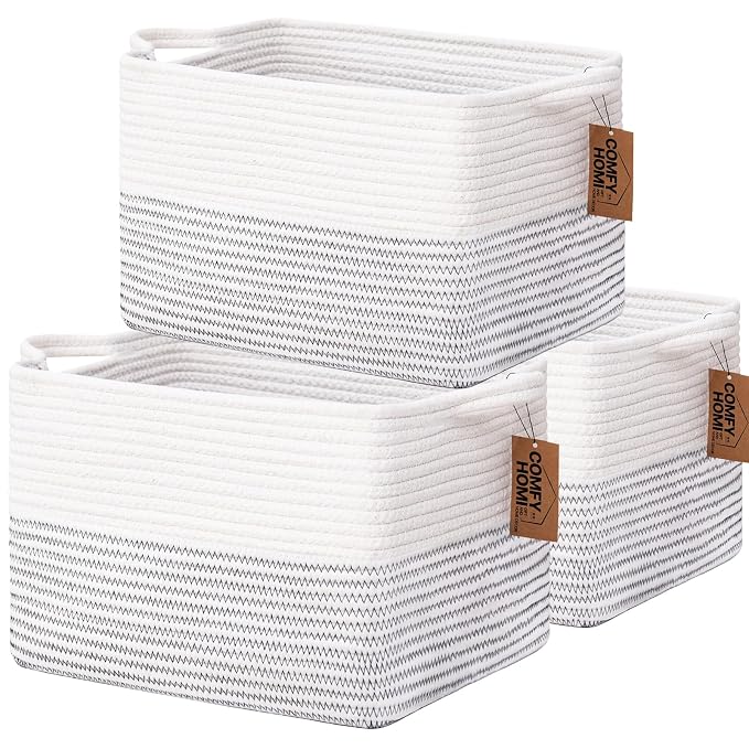 COMFY-HOMI 3 Pack Cotton Rope Square Basket by COMFY-HOMI