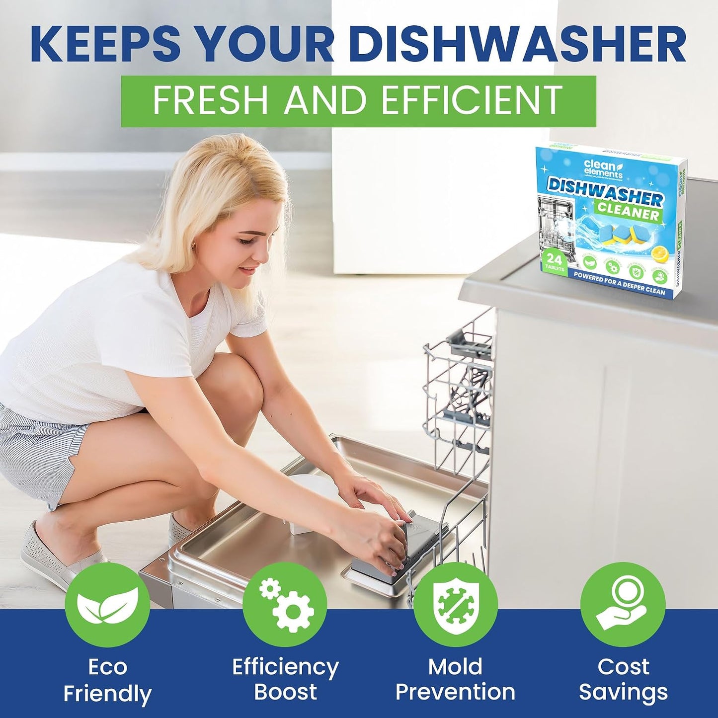 Dishwasher Cleaner Tablets & Deodorizer, Deep Cleaning Descaler, 24 Ct | For Dish Washer Use. Fights Limescale, Hard Water, Calcium & Grease Buildup, Odor Control, Septic Safe, 12 Month Supply