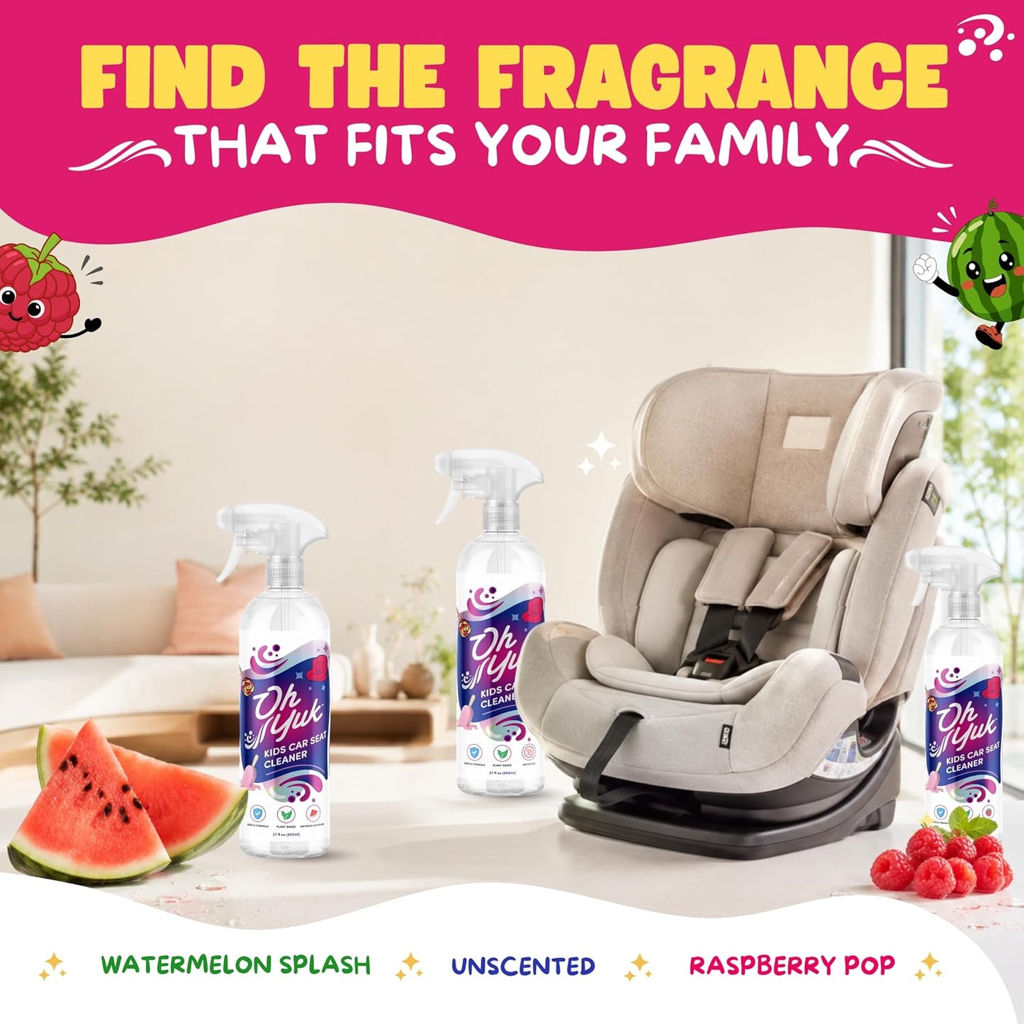 Oh Yuk Kids Car Seat Cleaner Spray, Probiotic Stain & Odor Remover for Kids Car Seats, Strollers & Fabric, Cleans Food, Milk & Juice Spills, Plant-Based Formula, 27 fl oz (Watermelon Splash)