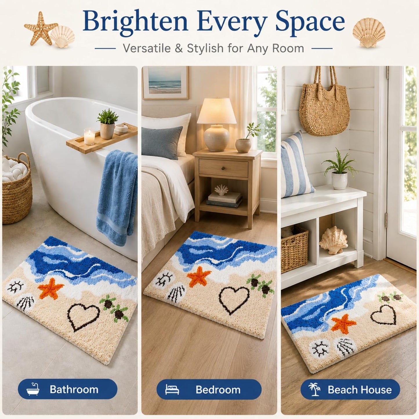 Coastal Bathroom Rug Beach Wave Bath Mat Nautical Cute Sea Turtle Starfish Shell Bathmat Summer Non Slip Washable Microfiber Shower Carpet for Bathroom, Kitchen and Entryway Decor, 18"x26"