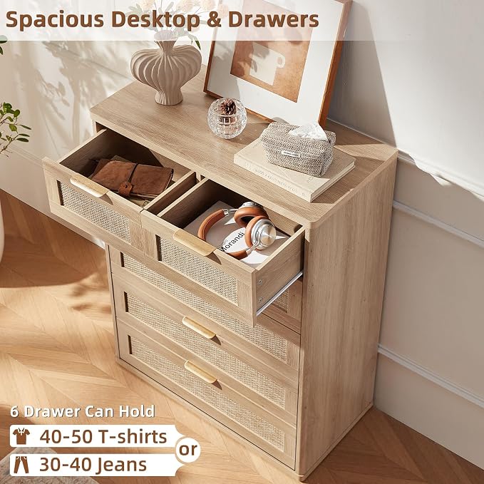LEYAOYAO Rattan Dresser for Bedroom, Modern 6 Drawers Boho Dressers - Image 5