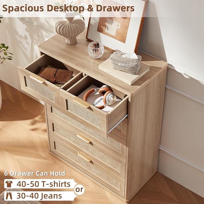 LEYAOYAO Rattan Dresser for Bedroom Set of 2, Modern 6 Drawers Boho Dressers - Image 5