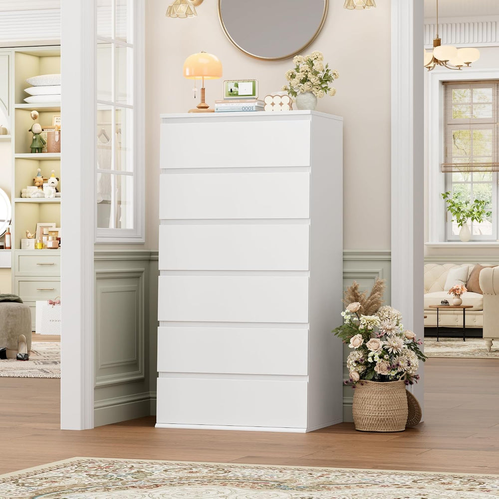 FOTOSOK White Dresser, 6 Drawer Dresser with Handleless Drawer Cabinet