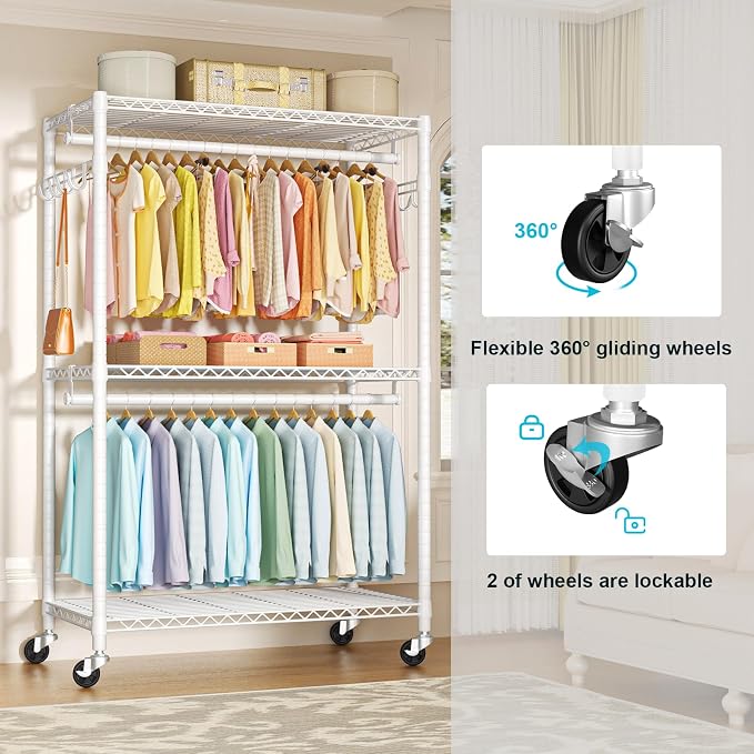 FUTASSI P1 Plus Rolling Clothes Rack, 22mm Diameter Heavy Duty Garment Rack - Image 3