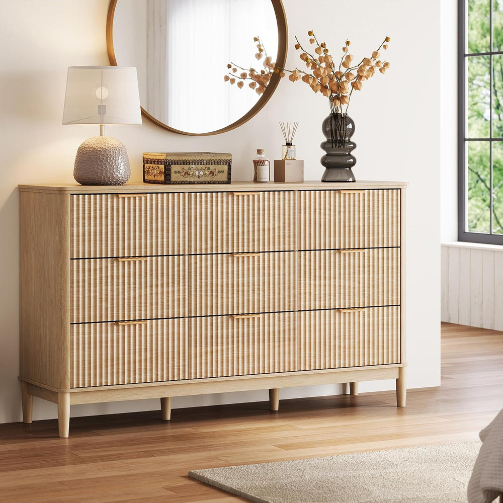 LINSY Fluted Dresser for Bedroom with 9 Drawers, Mid Century Modern Chest of ...
