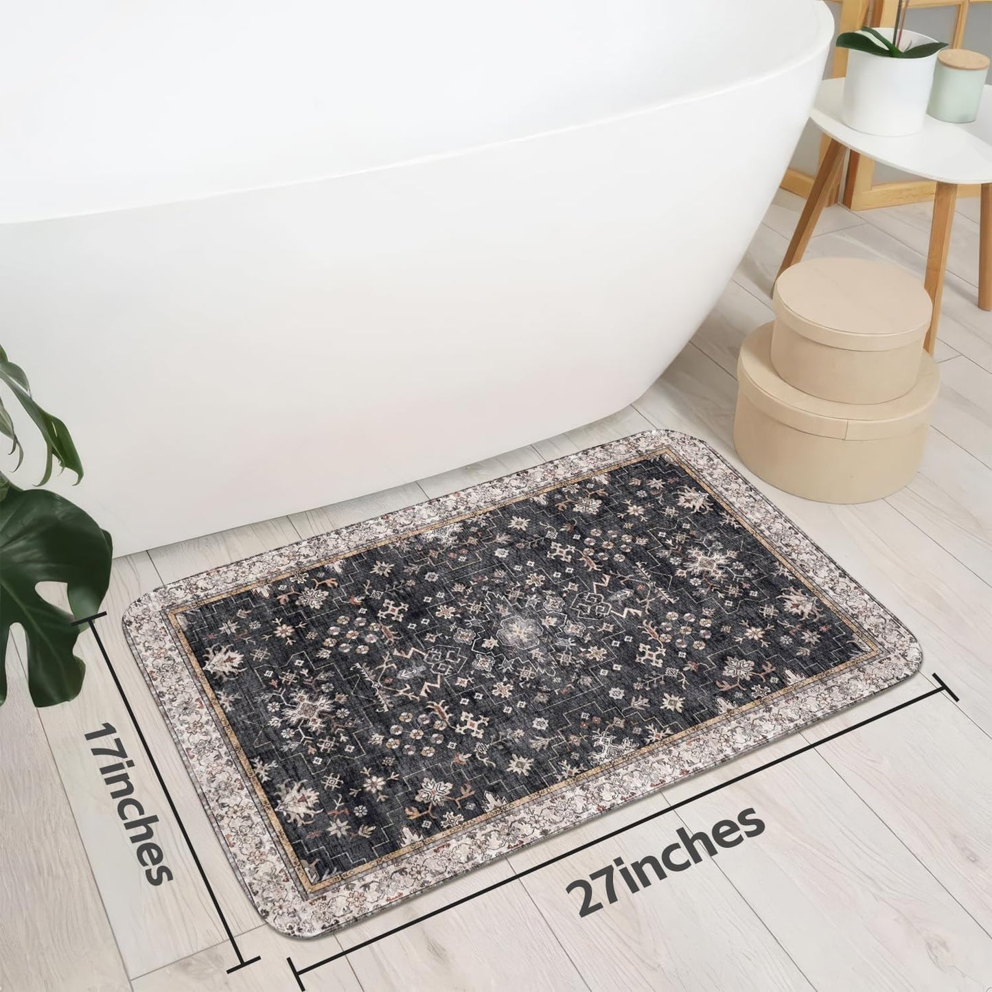 Thin Bath Mats for Bathroom Under Door, Vintage Boho Bathroom Rugs Non Slip with Rubber Backing, Quick Dry Washable Cute Small Bath Rug for Shower, Tub, Sink Floor, Black,1'5"x2'3"