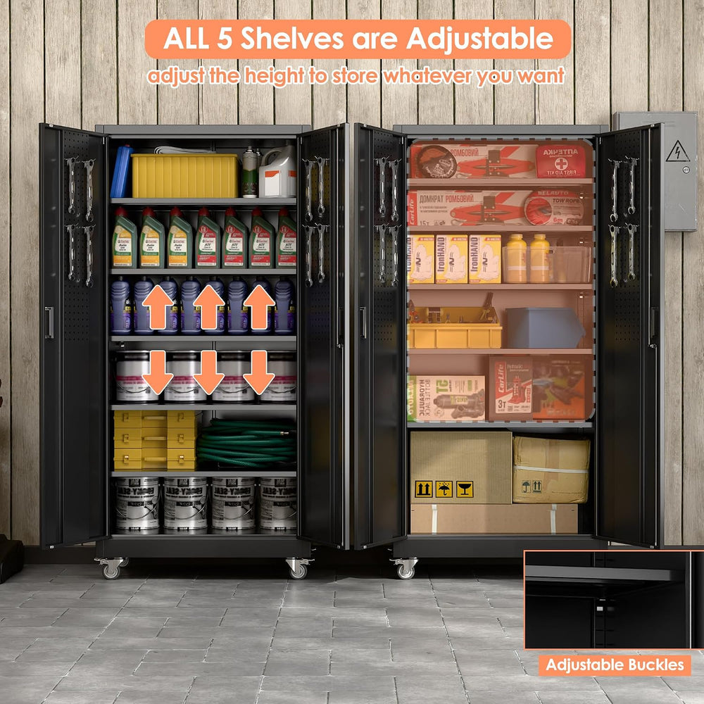 Aobabo Metal Garage Storage Cabinet with Wheels, 71" H, Black
